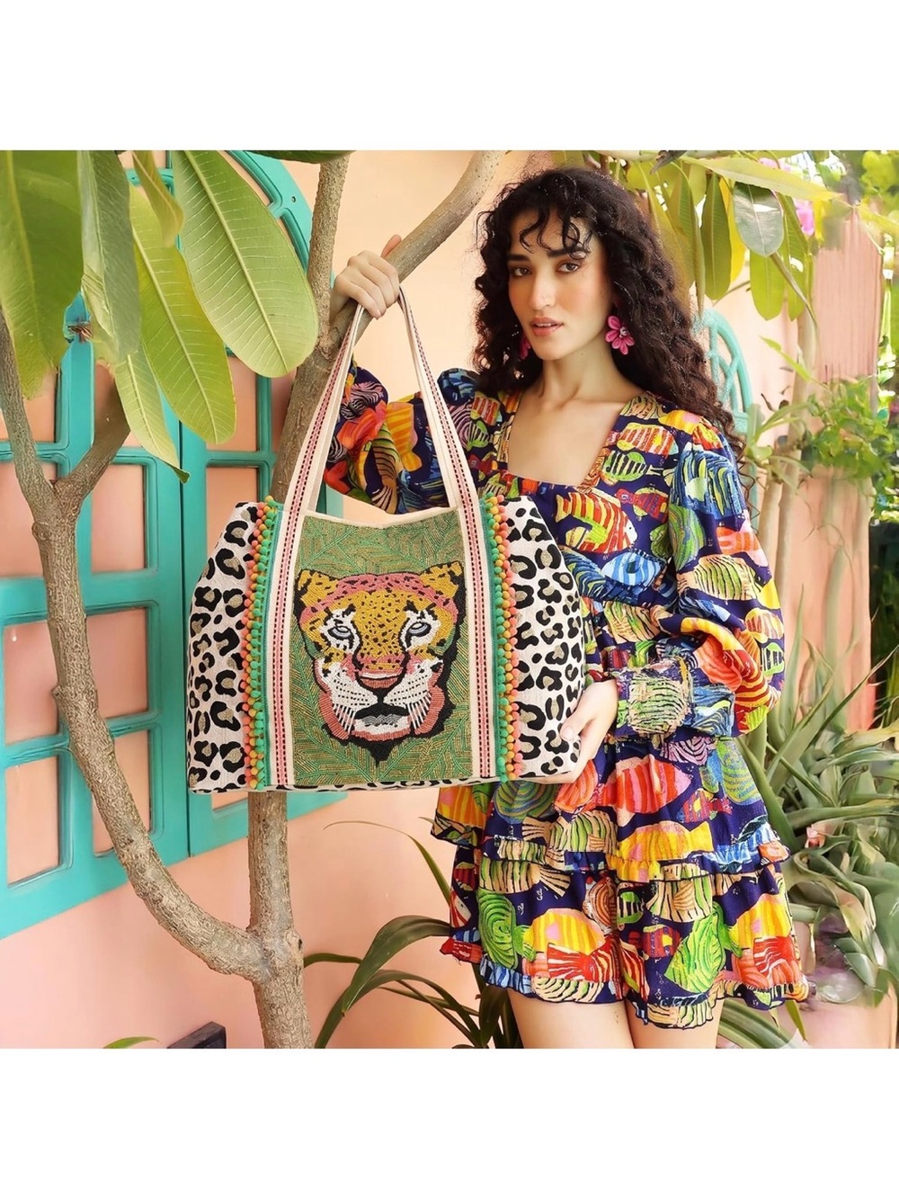 Boho beaded embroidered Leopard Motif Tote Shoulder Bag - Multicolor
